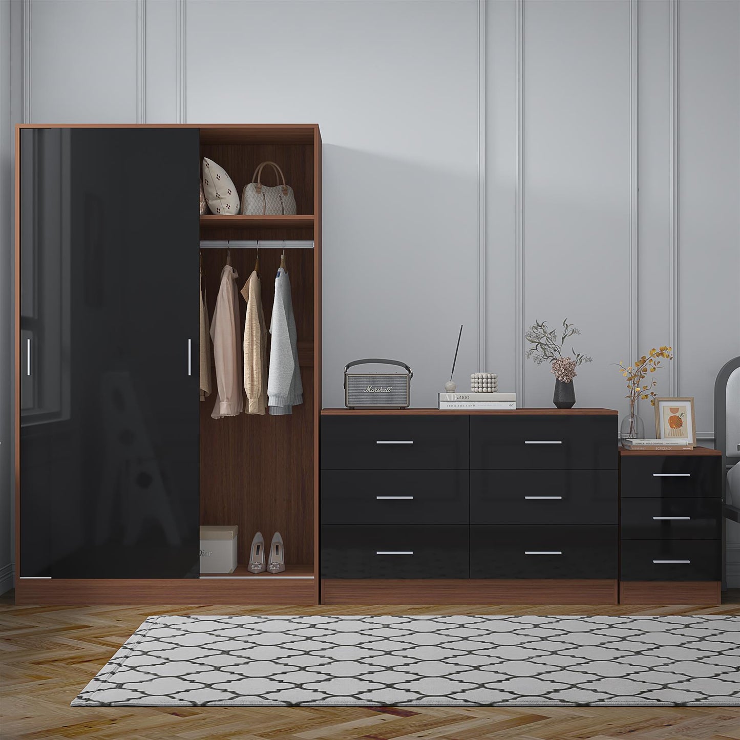 REFLECT Gloss 3pc Set - 2 Door Sliding Wardrobe + Wide Chest + Tall Bedside