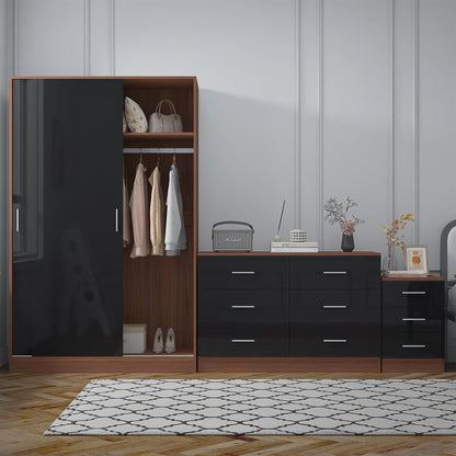 Reflect 2 Door Sliding Wardrobe, 6 Drawer Wide Chest, 3 Drawer Bedside - Black Gloss & Walnut - Modern Bedroom Furniture Set