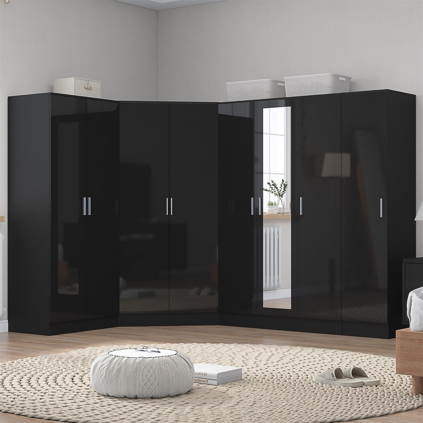 REFLECT Gloss Large 8 Door Corner Mirror Wardrobe Bedroom Furniture Bundle Set