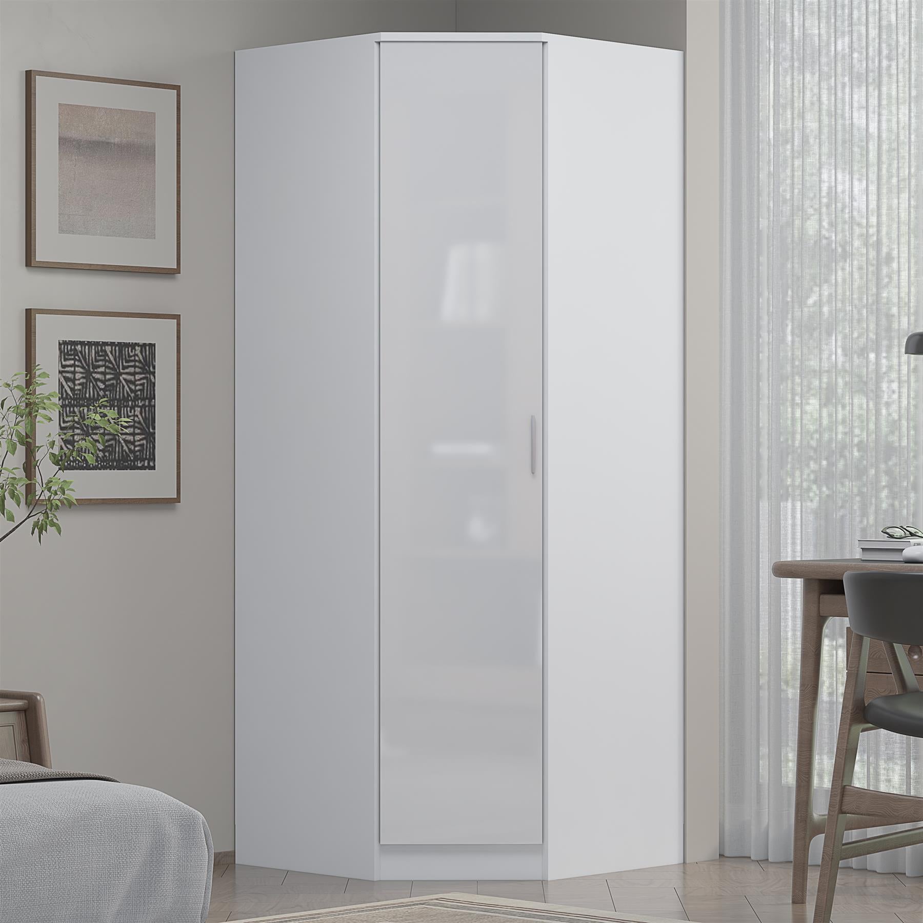 Reflect 1 Door Corner Wardrobe - White Gloss & Matt White - 2 Hanging Rails & 1 Shelf - Modern Design
