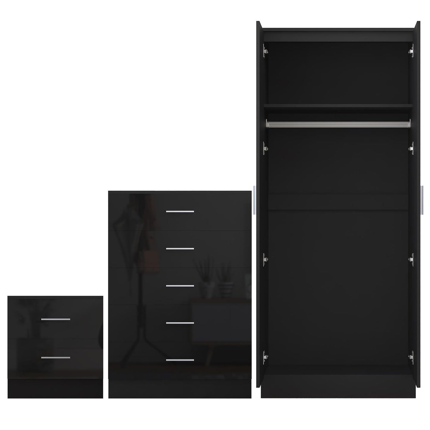 REFLECT Gloss 3pc Bedroom Set - 2 Door Wardrobe + 5 Draw Chest + Bedside