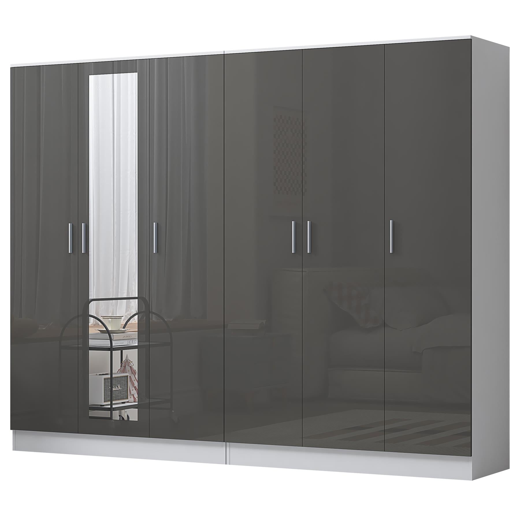 REFLECT - 3 Door MIRROR + 3 Door PLAIN Wardrobe - Gloss Grey / Matt White