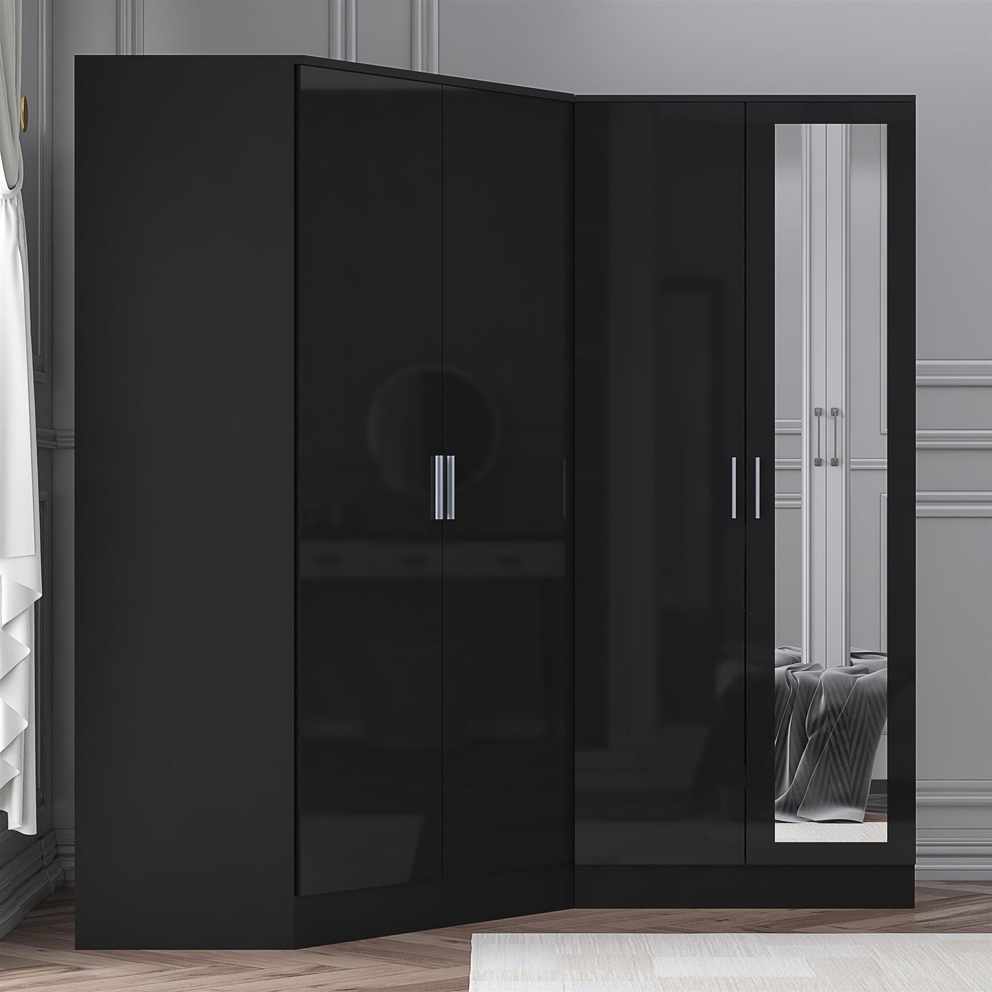 Reflect 2pc Wardrobe Bundle - 2 Door Corner + 2 Door Mirror - Black Gloss & Black Oak