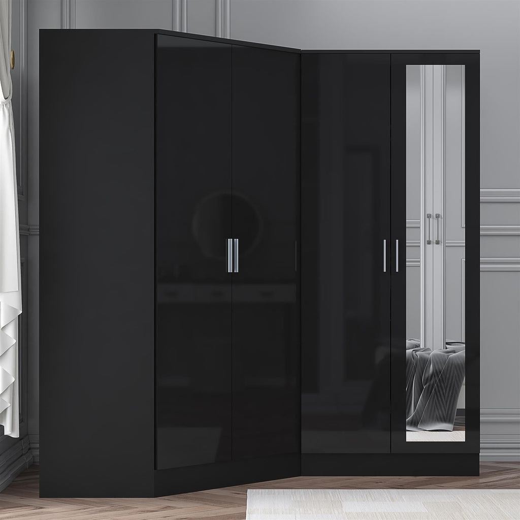 Reflect 2pc Wardrobe Bundle - 2 Door Corner + 2 Door Mirror - Black Gloss & Black Oak - H: 180cm x W: 179cm x D: 103cm