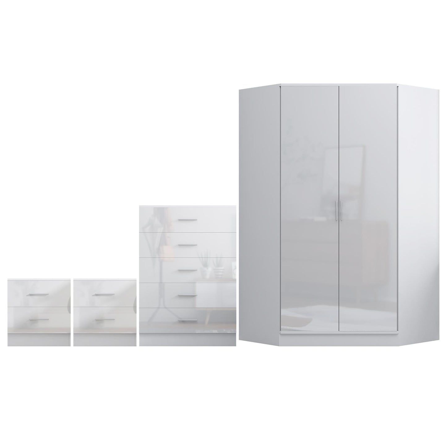 REFLECT Gloss 4pc Set - 2 Door Corner Wardrobe + 5 Draw Chest + 2 Bedsides