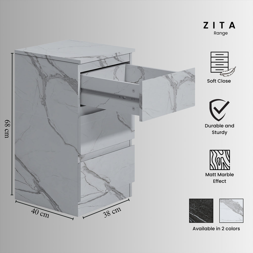 ZITA Bedroom Furniture Range Wardrobe Chest Bedside in White Marble Effect