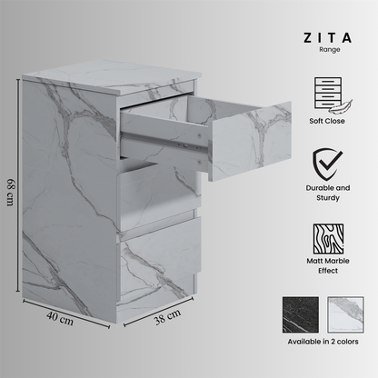 ZITA White Marble Effect 3 Drawer Bedside Table - Modern Nightstand, Stylish Bedroom Furniture