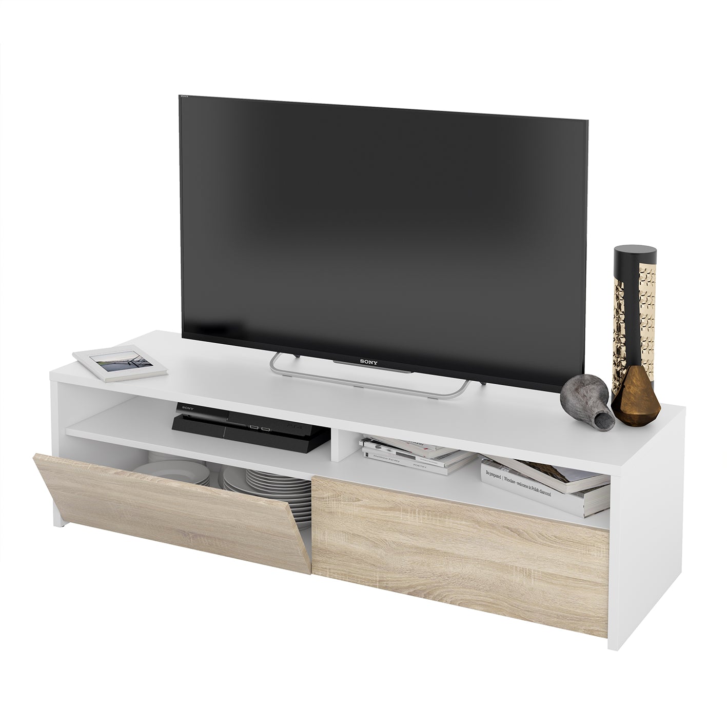 KIOTO 2 Door TV Unit in Oak & Satin White- Modern Media Cabinet with Storage