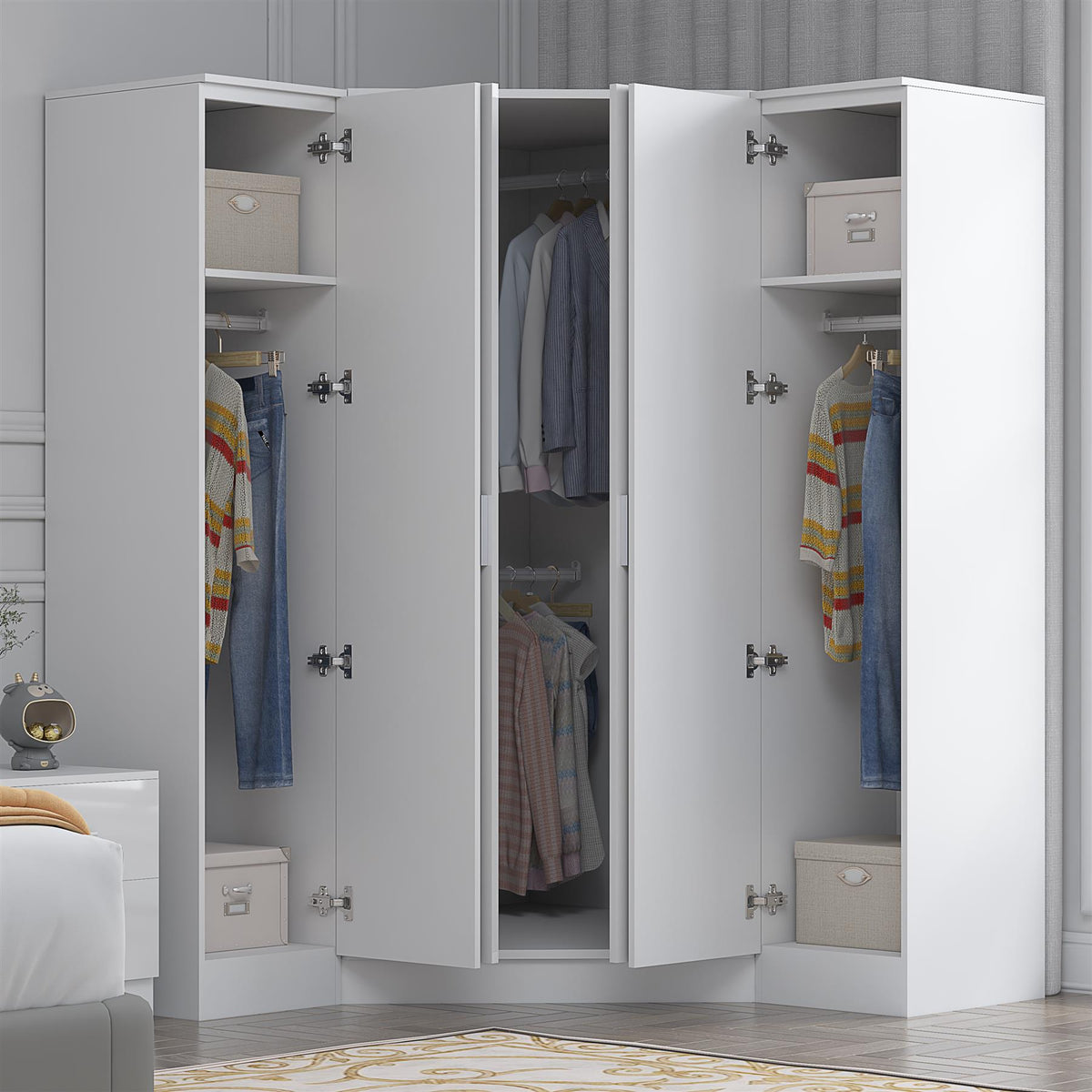 Reflect 3pc Wardrobe Bundle - 2 Door Corner + 2x 1 Door Plain - White Gloss & Matt White