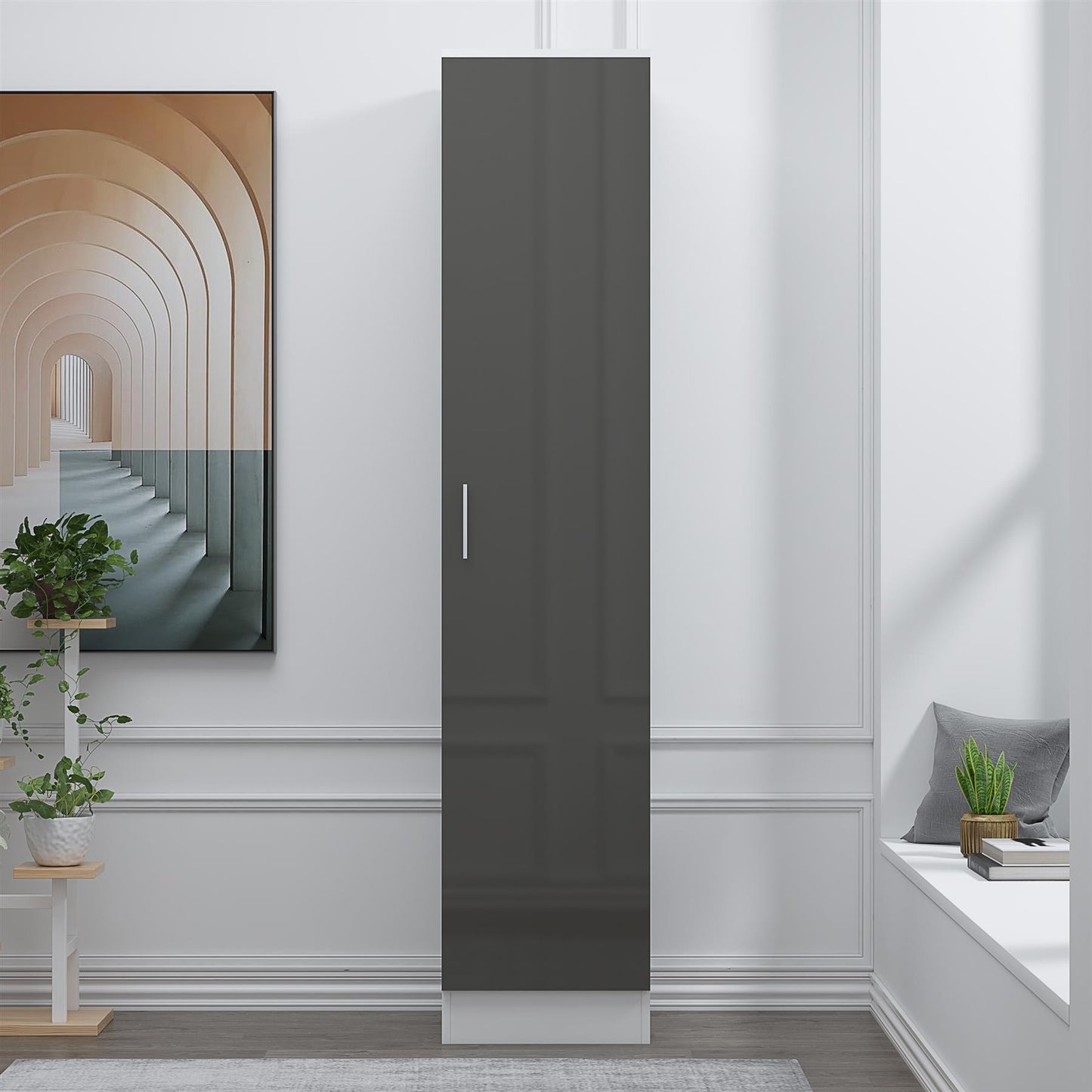 Reflect 1 Door High Gloss Wardrobe - Grey & White, Durable Melamine Finish - Modern Bedroom Storage - Single Door Wardrobe
