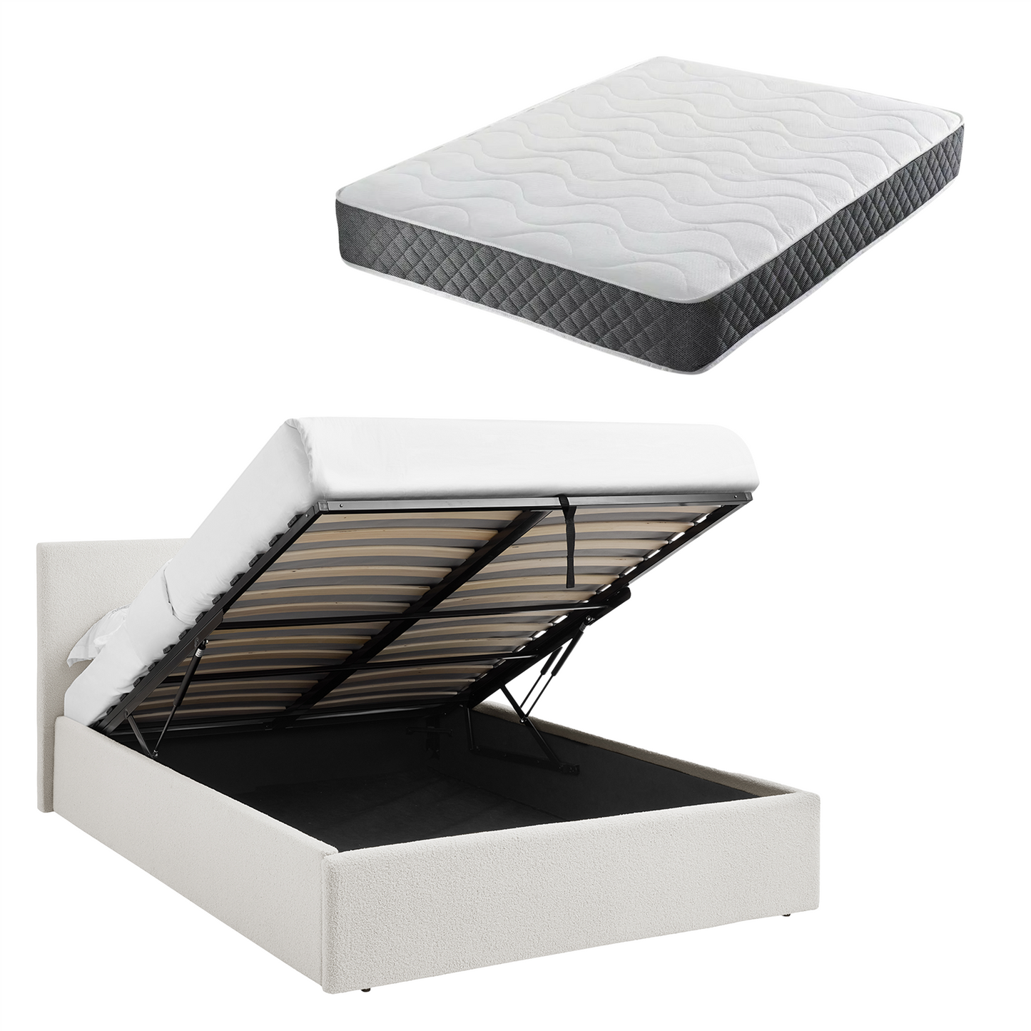 TEDDY BOUCLE 3FT Single White Ottoman Storage Bed Gas Lift Up (3ft) with Memory Foam & Spring Mattress