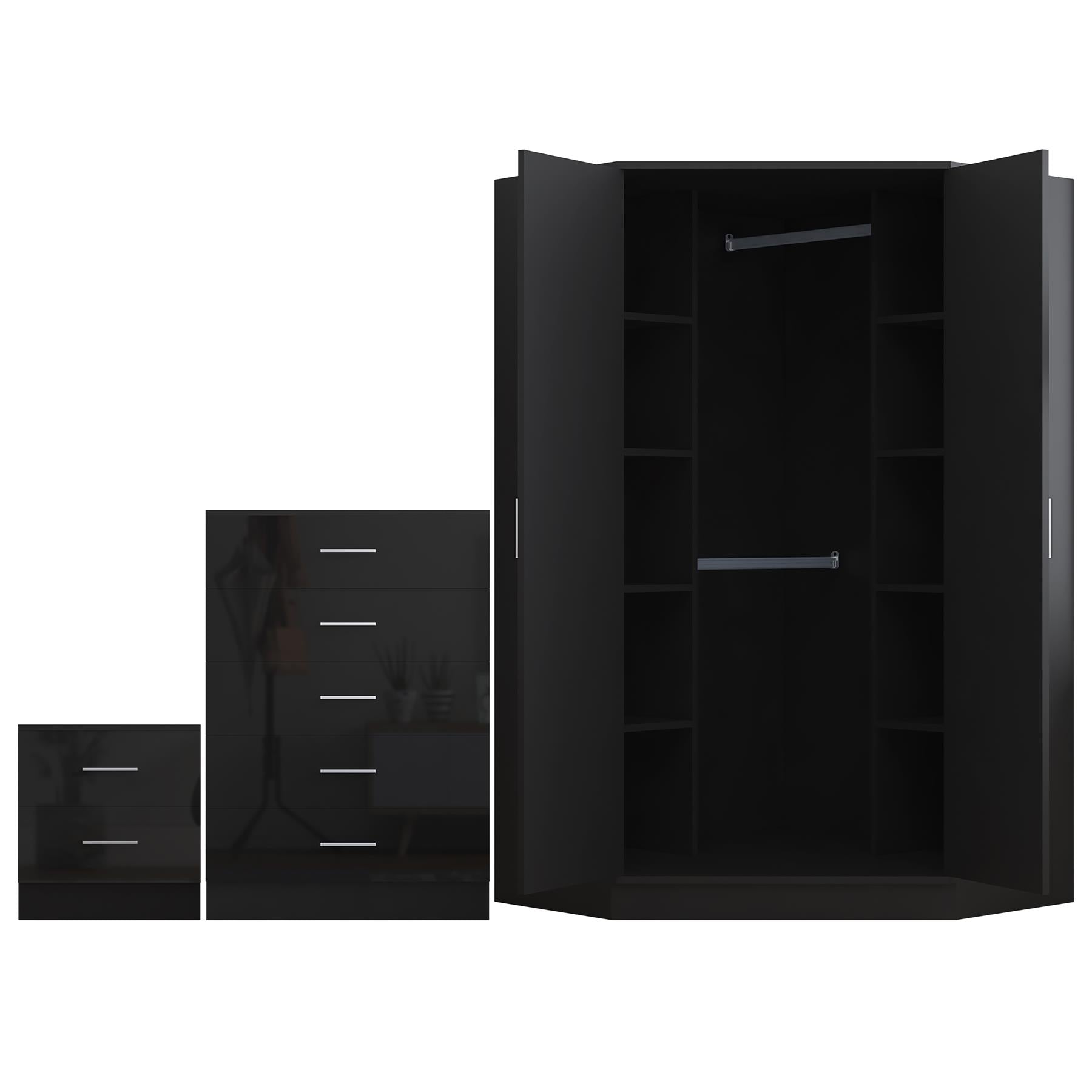 Reflect 2 Door Corner Wardrobe, 5 Drawer Chest, 2 Drawer Bedside - Black Gloss & Black Oak - Bedroom Furniture Set
