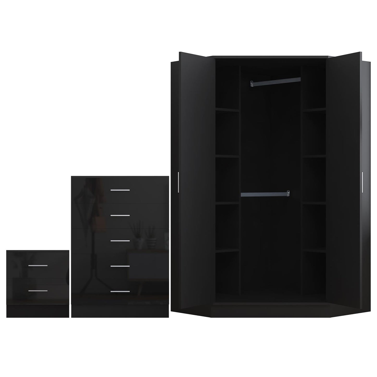 Reflect 2 Door Corner Wardrobe, 5 Drawer Chest, 2 Drawer Bedside - Black Gloss & Black Oak - Bedroom Furniture Set