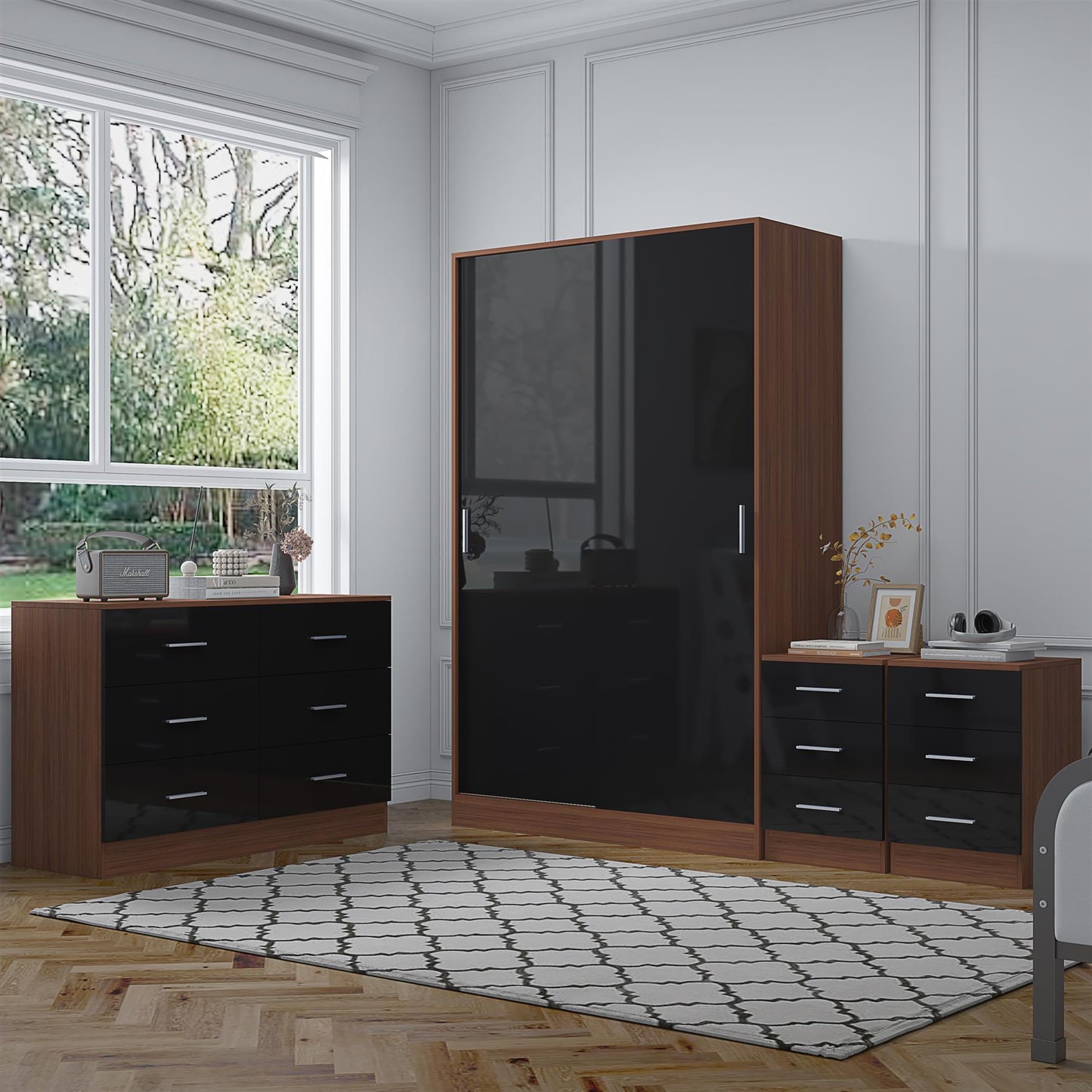 REFLECT Gloss 4pc Set - 2 Door Sliding Wardrobe + Wide Chest + 2 Tall Bedsides