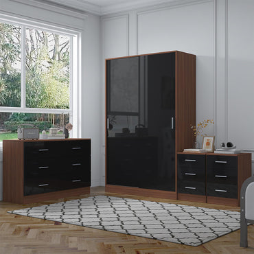 Reflect 2 Door Sliding Wardrobe, 6 Drawer Wide Chest, 2x 3 Drawer Bedsides - Black Gloss & Walnut - Modern Bedroom Furniture Set