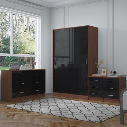 Reflect 2 Door Sliding Wardrobe, 6 Drawer Wide Chest, 2x 3 Drawer Bedsides - Black Gloss & Walnut - Modern Bedroom Furniture Set