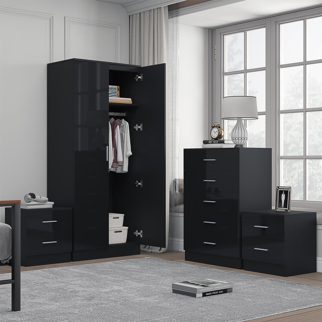 Reflect 2 Door Mirror Wardrobe, 5 Drawer Chest, 2x 2 Drawer Bedsides - Black Gloss & Black Oak - Modern Bedroom Furniture Set