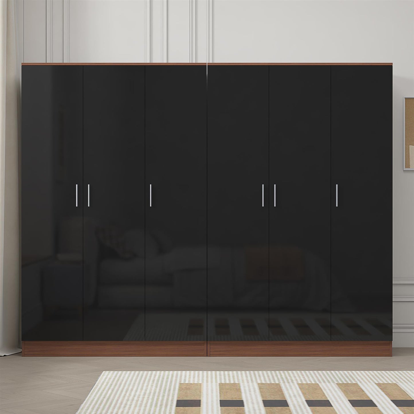 Reflect 2pc Wardrobe Bundle - 3 Door Plain + 3 Door Plain - Black Gloss & Walnut