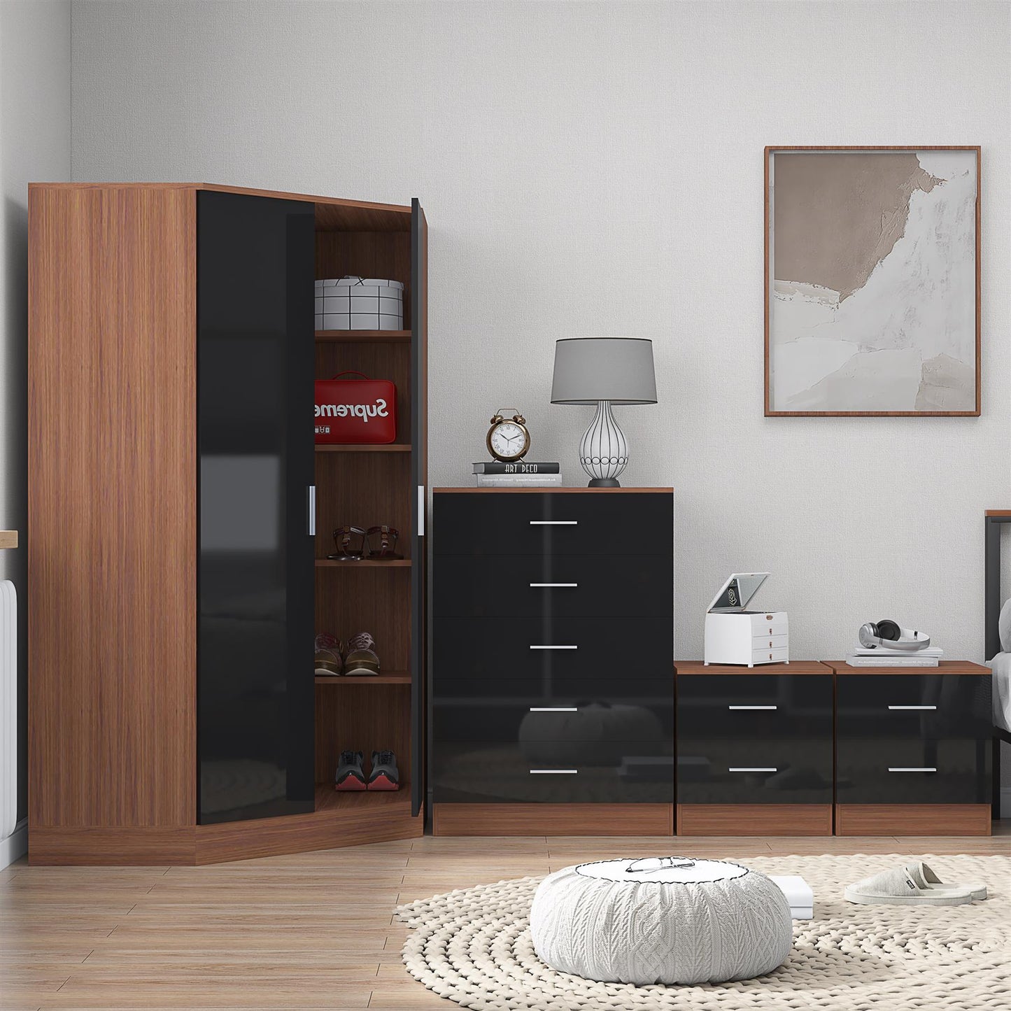 REFLECT Gloss 4pc Set - 2 Door Corner Wardrobe + 5 Draw Chest + 2 Bedsides