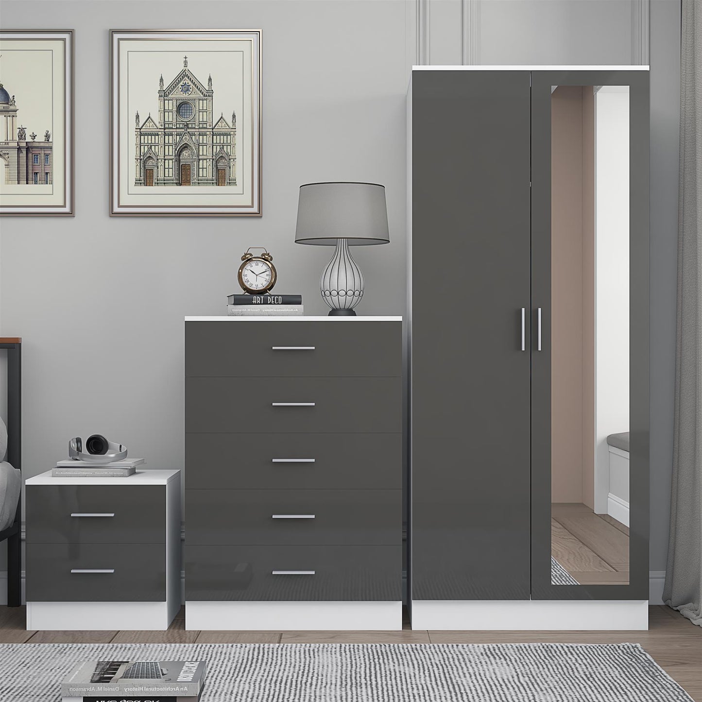 REFLECT Gloss 3pc Set - 2 Door Mirrored Wardrobe + 5 Draw Chest + Bedside