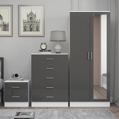 REFLECT Gloss 3pc Set - 2 Door Mirrored Wardrobe + 5 Draw Chest + Bedside