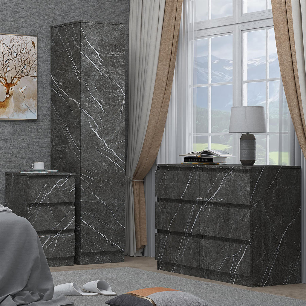 ZITA Grey Marble Effect 3 Piece Bedroom Set - 1-Door Wardrobe, Wide Chest & Bedside Table, Stylish Modern Bedroom Furniture