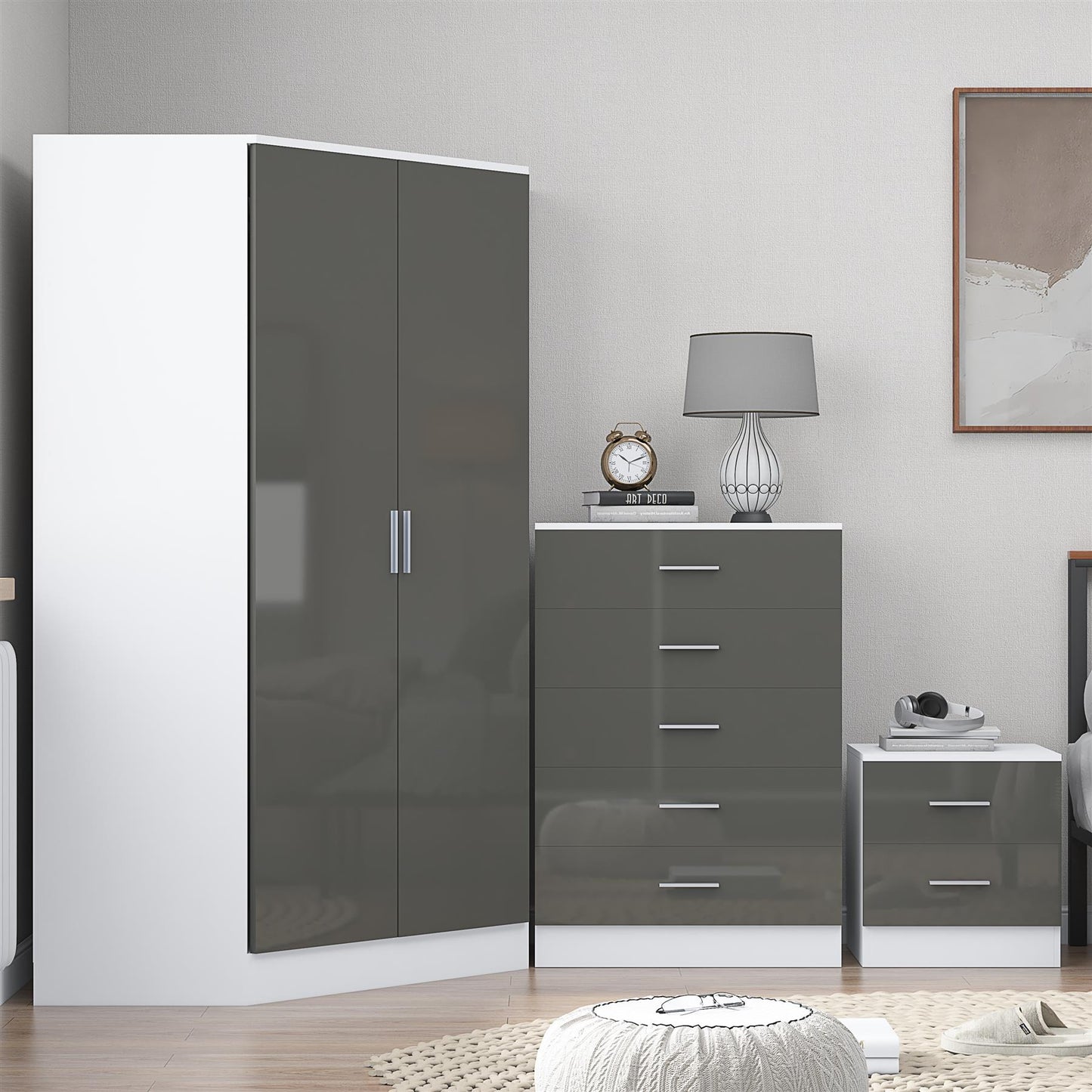 REFLECT Gloss 3pc Set - 2 Door Corner Wardrobe + 5 Draw Chest + Bedside
