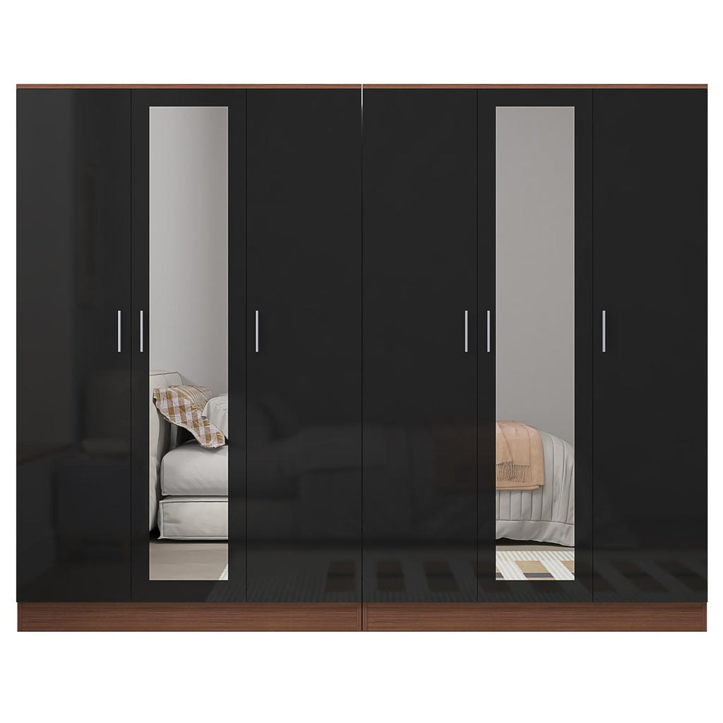 Reflect 2pc Wardrobe Bundle - 3 Door Mirror + 3 Door Mirror - Black Gloss & Walnut