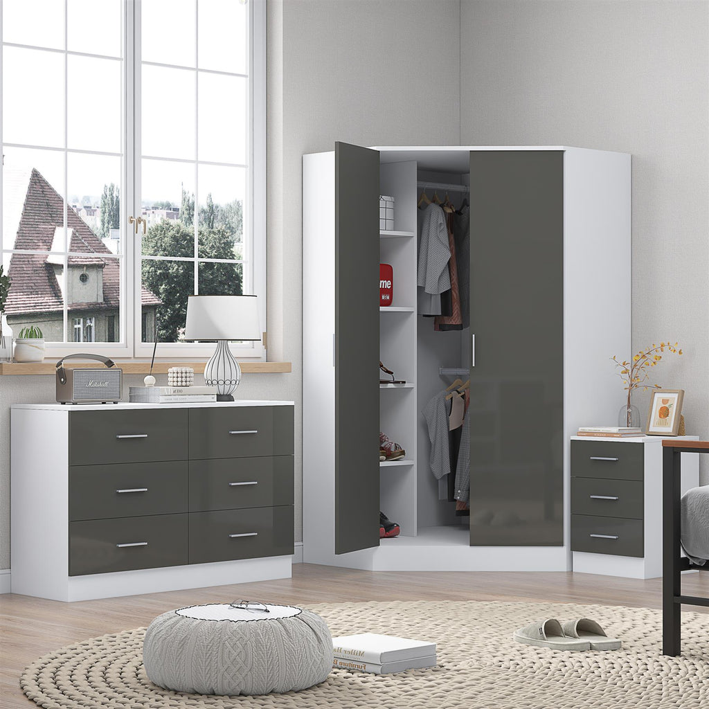 REFLECT - 2 Door CORNER + 6 Drawer Chest + 3 Drawer Bedside - Gloss Grey / Matt White