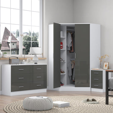 Reflect 2 Door Corner Wardrobe, 6 Drawer Chest, 3 Drawer Bedside - Grey Gloss & Matt White - Bedroom Furniture Set