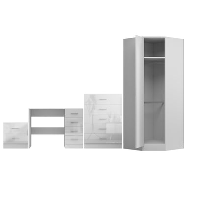 REFLECT - 1 Door Corner + 5 Drawer Chest + 2 Drawer Bedside + 4 Drawer Desk in Gloss White / Matt White