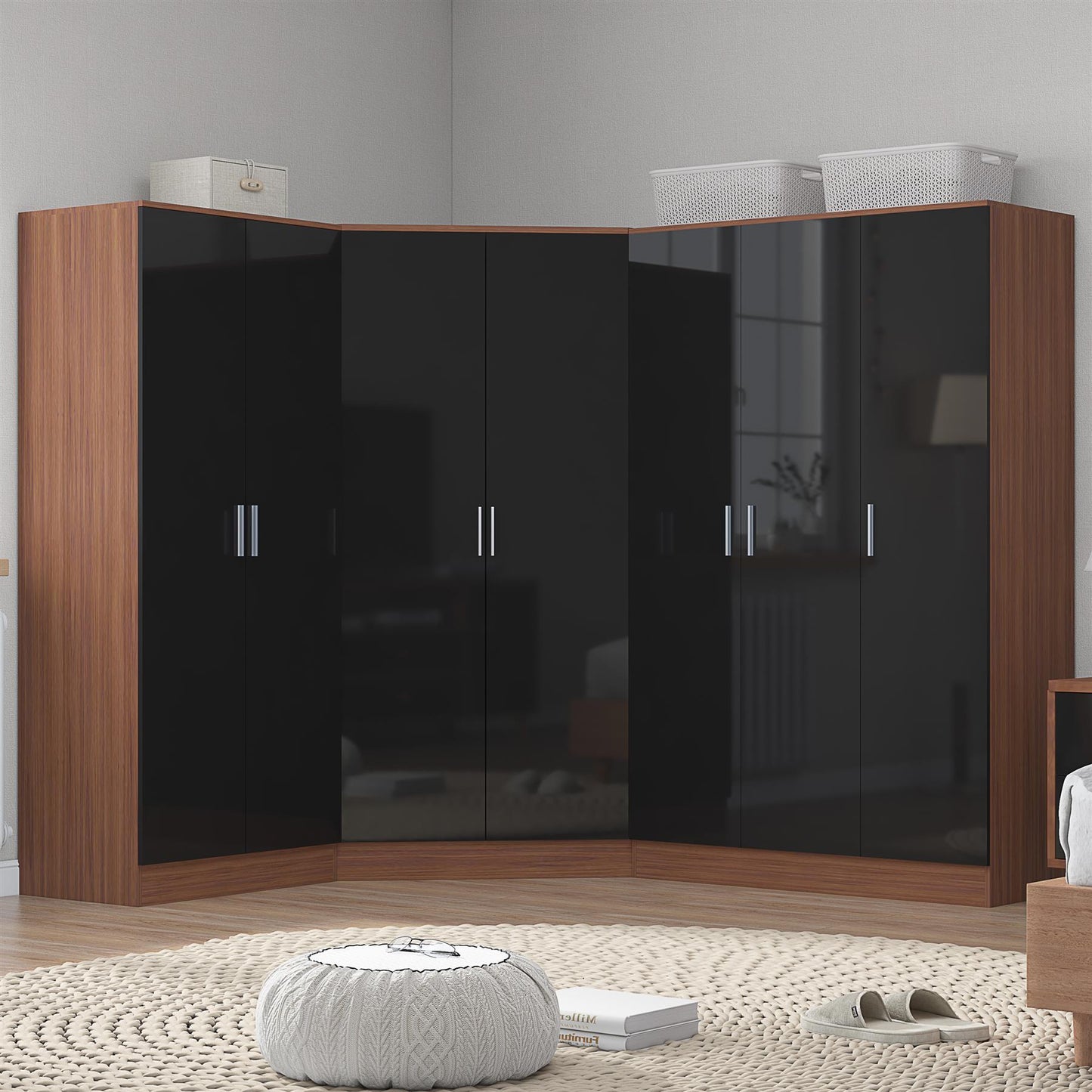 Reflect 4pc Wardrobe Bundle - 2 Door Corner + 3 Door Plain + 2 Door Plain - Black Gloss & Walnut