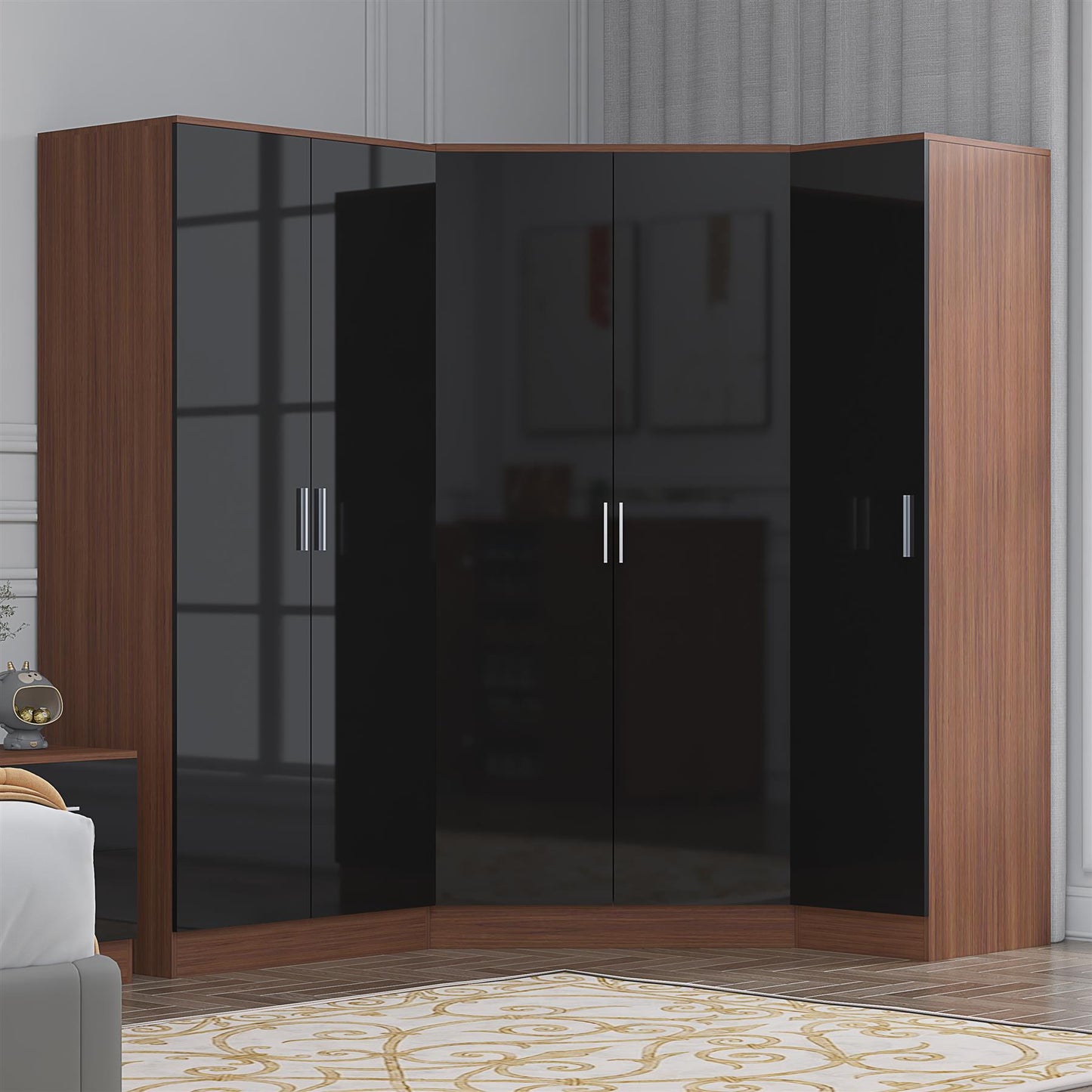 Reflect 3pc Wardrobe Bundle - 2 Door Corner + 2 Door Plain + 1 Door Plain - Black Gloss & Walnut