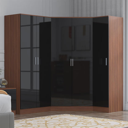 Reflect 3pc Wardrobe Bundle - 2 Door Corner + 2 Door Plain + 1 Door Plain - Black Gloss & Walnut