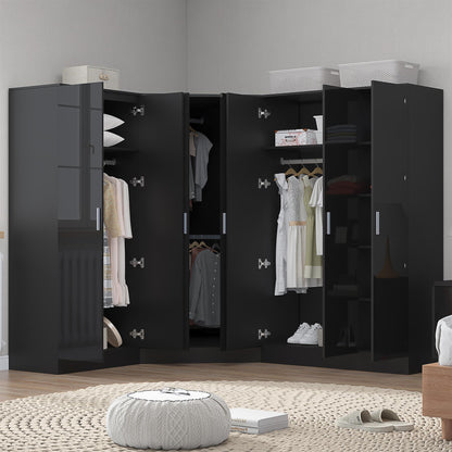 Reflect 4pc Wardrobe Bundle - 2 Door Corner + 3 Door Plain + 2 Door Plain - Black Gloss & Black Oak