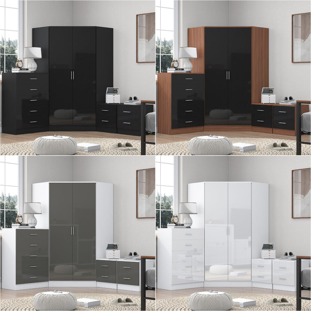 REFLECT Gloss 4pc Set - 2 Door Corner Wardrobe + 5 Draw Chest + 2 Bedsides