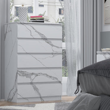 ZITA Bedroom Furniture Tall 5 Drawer Chest in White OR Grey Marble Colour Option