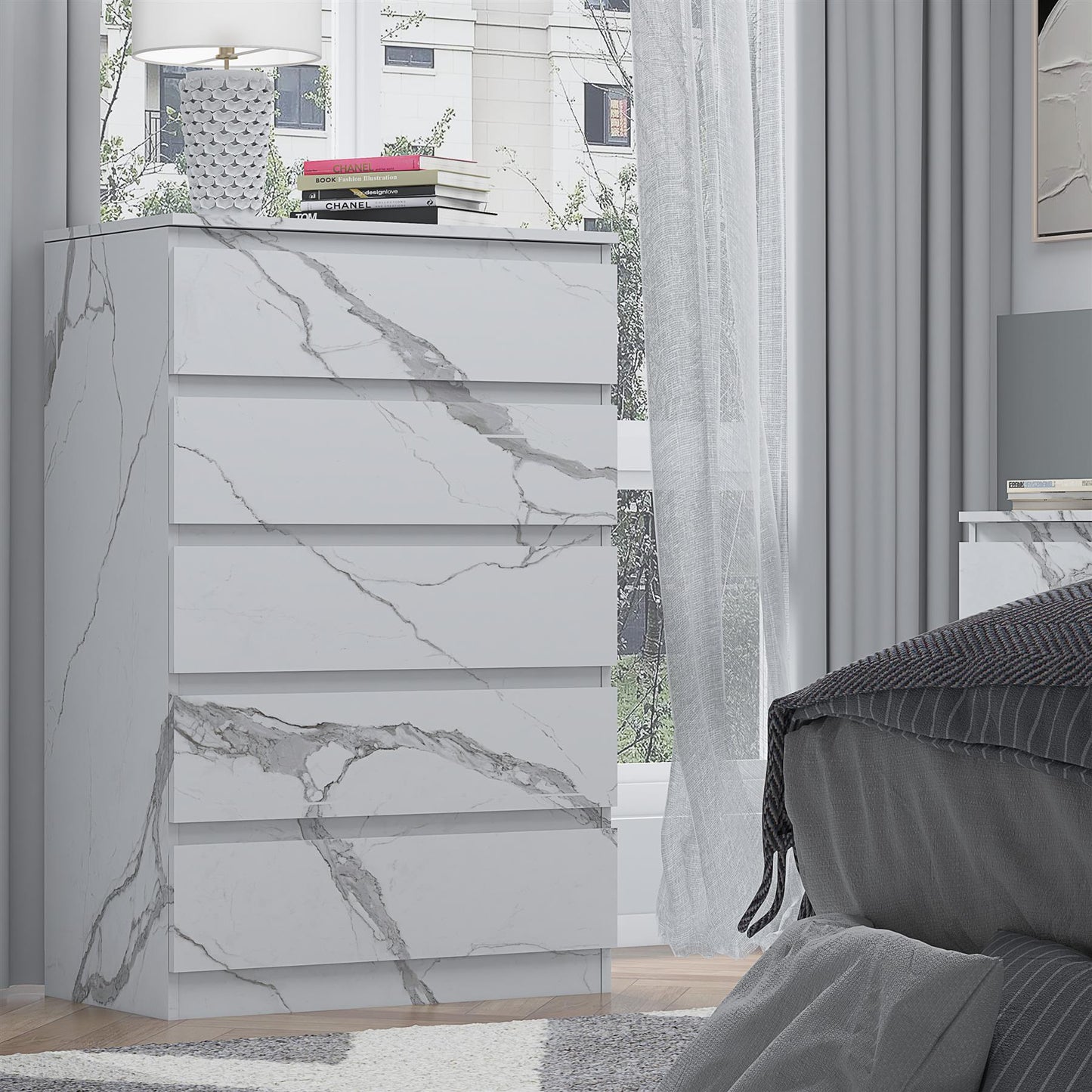 ZITA White Marble Effect 5 Drawer Chest - Modern Storage Unit, Stylish Bedroom Storage