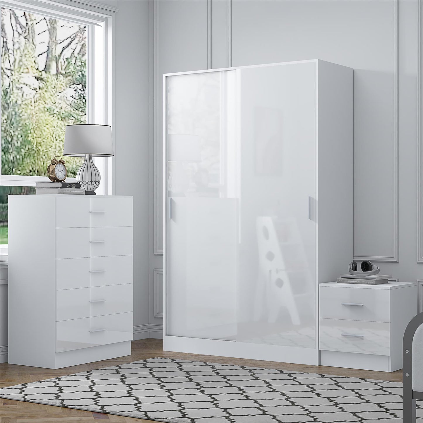 REFLECT Gloss 3pc Set - 2 Door Sliding Wardrobe + 5 Draw Chest + Bedside