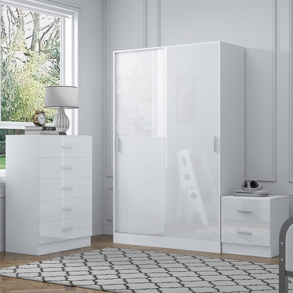 REFLECT Gloss 3pc Set - 2 Door Sliding Wardrobe + 5 Draw Chest + Bedside
