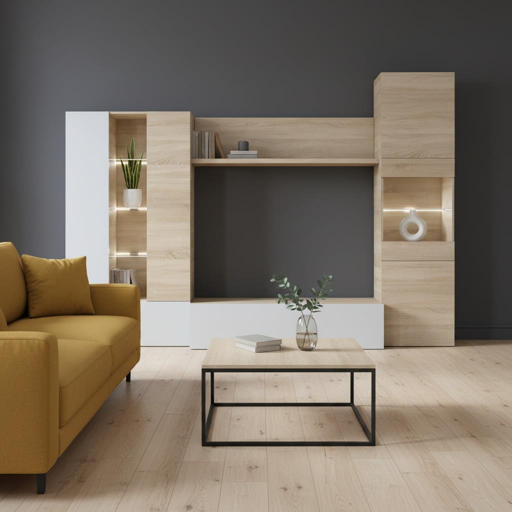 Modern Oak & White TV Unit with Glass Details and LED Lights- Media Storage for Living Rooms