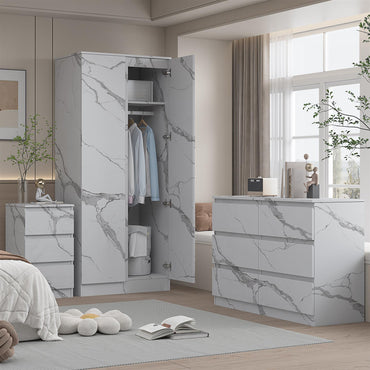ZITA 3pc Set - 2 Door Wardrobe + Wide Chest + Bedside in White OR Grey Marble