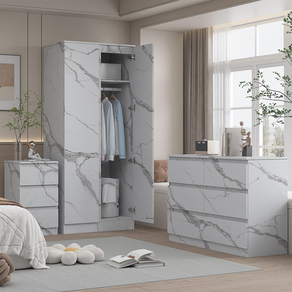ZITA White Marble Effect 3 Piece Bedroom Set - 2 Door Wardrobe, 6 Drawer Chest & 3 Drawer Bedside, Stylish Bedroom Storage