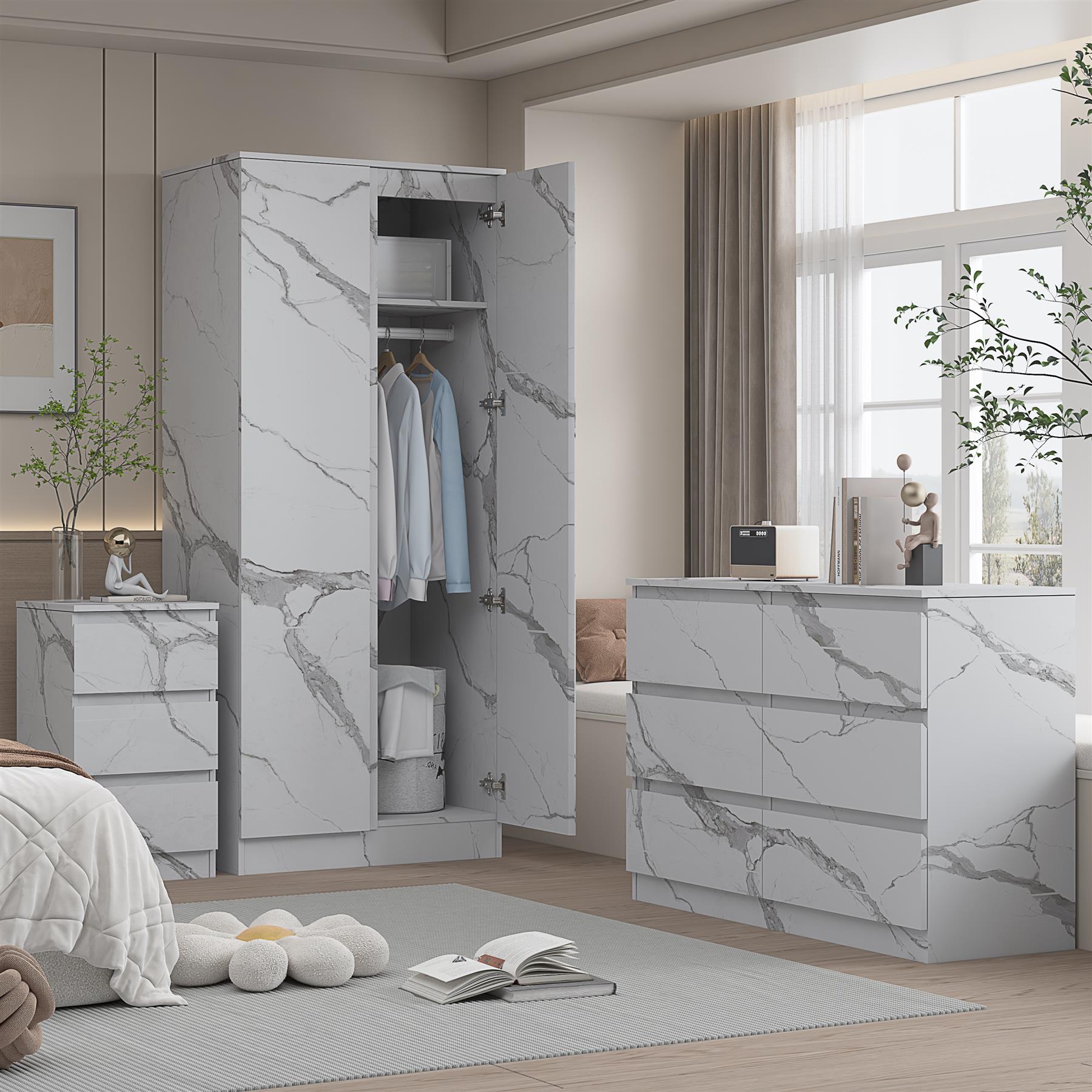 ZITA White Marble Effect 3 Piece Bedroom Set - 2 Door Wardrobe, 6 Drawer Chest & 3 Drawer Bedside, Stylish Bedroom Storage