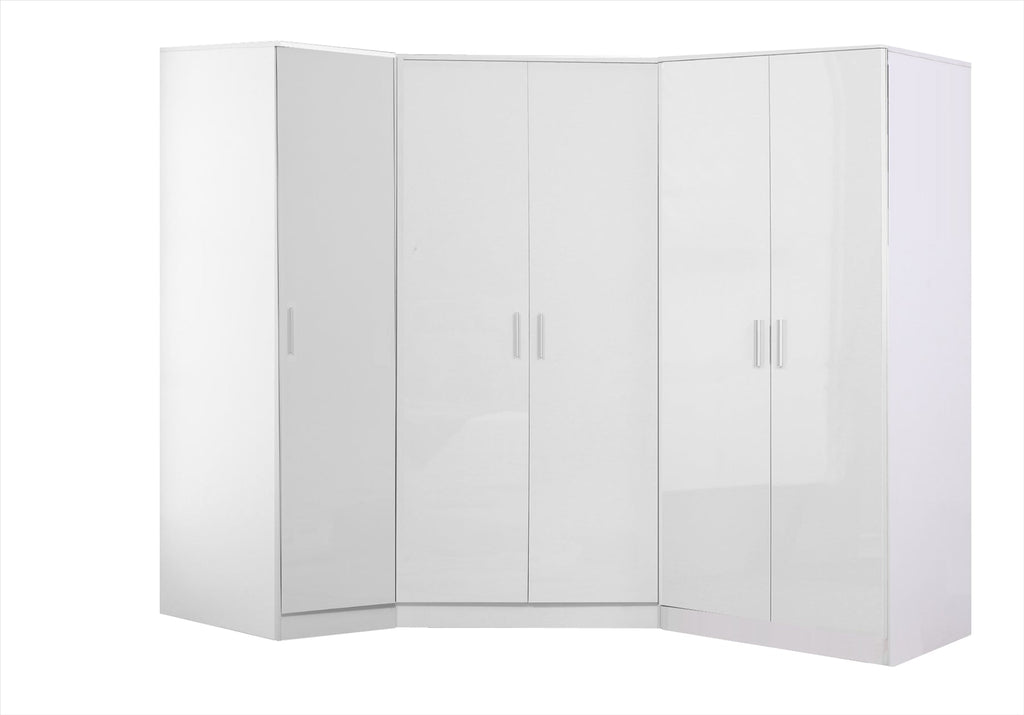 Reflect 3pc Wardrobe Bundle - 2 Door Corner + 2 Door Plain + 1 Door Plain - White Gloss & Matt White - H: 180cm x W: 179cm