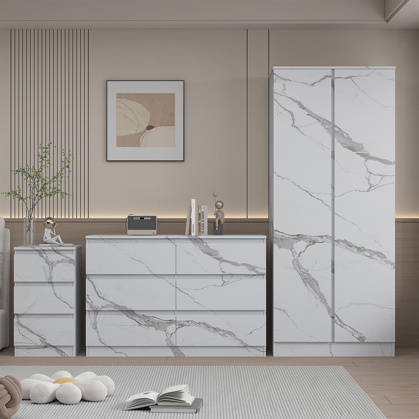 ZITA 3pc Set - 2 Door Wardrobe + Wide Chest + Bedside in White OR Grey Marble