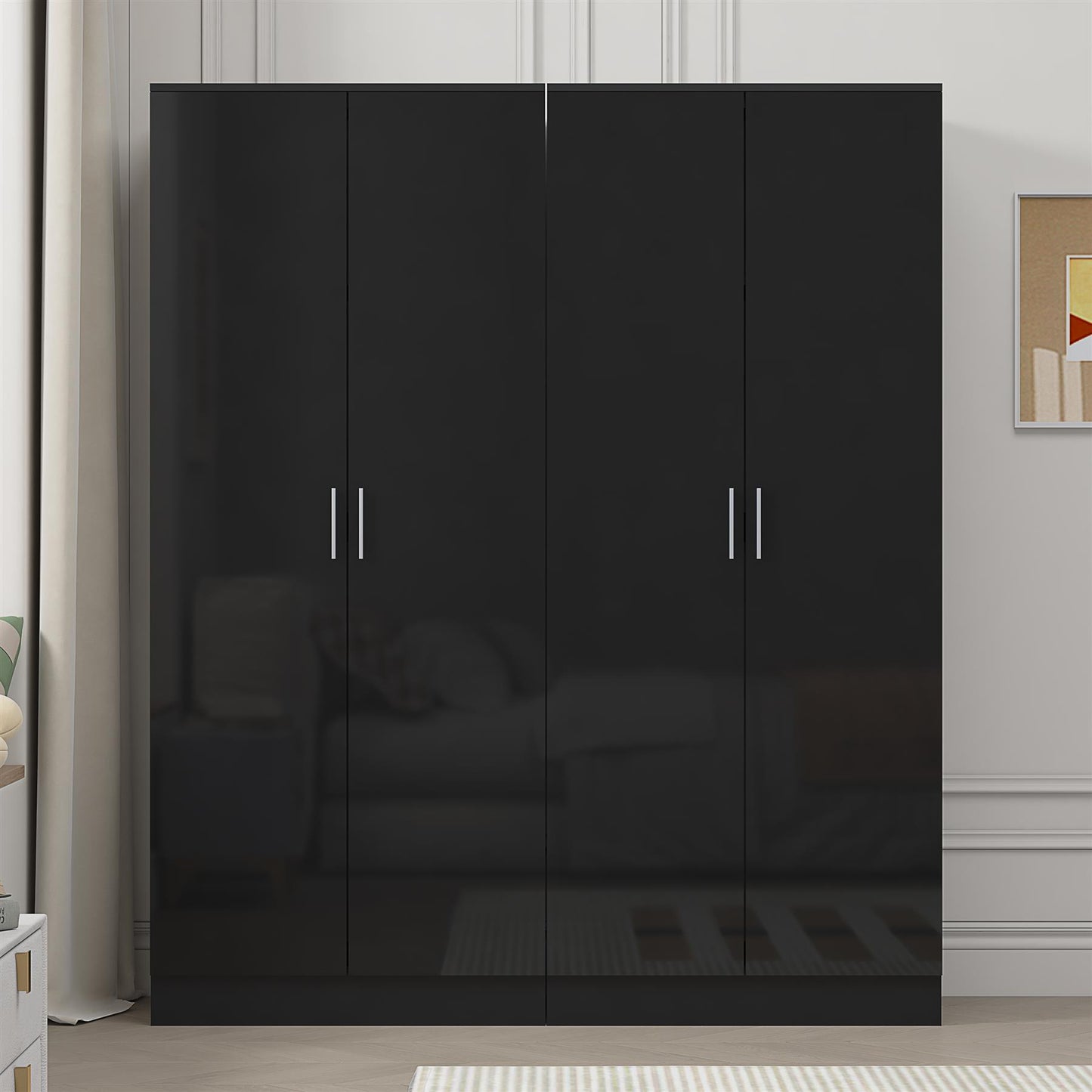 Reflect 2x 2 Door Plain Wardrobe Bundle - Black Gloss & Black Oak - Hanging Rails & Shelves - Modern Sleek Design