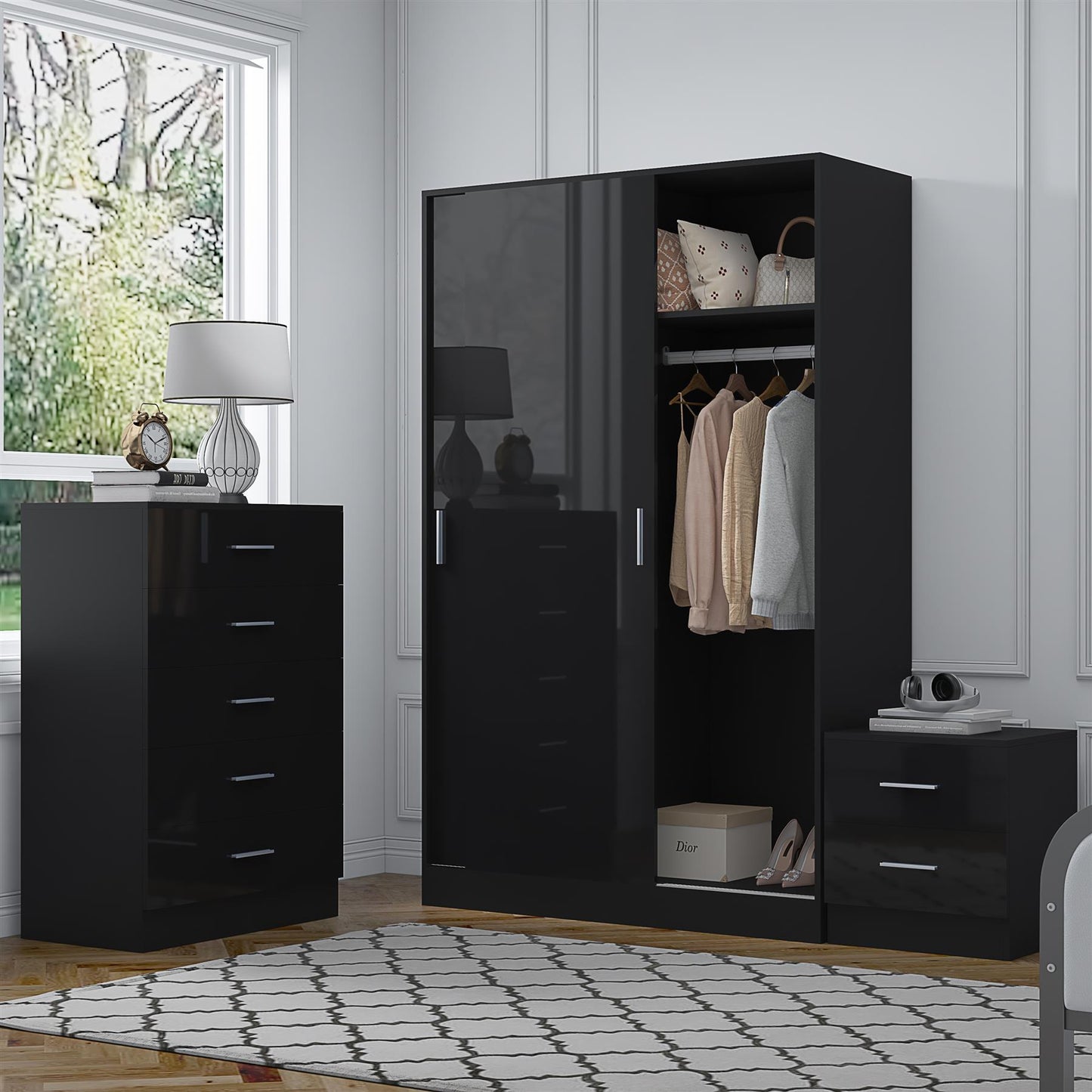 REFLECT Gloss 3pc Set - 2 Door Sliding Wardrobe + 5 Draw Chest + Bedside