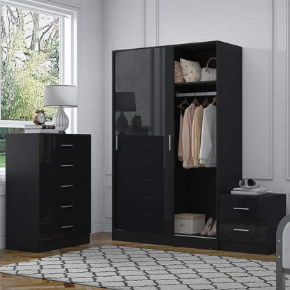 Reflect 2 Door Sliding Wardrobe, 5 Drawer Chest, 2 Drawer Bedside - Black Gloss & Black Oak - Modern Bedroom Furniture Set