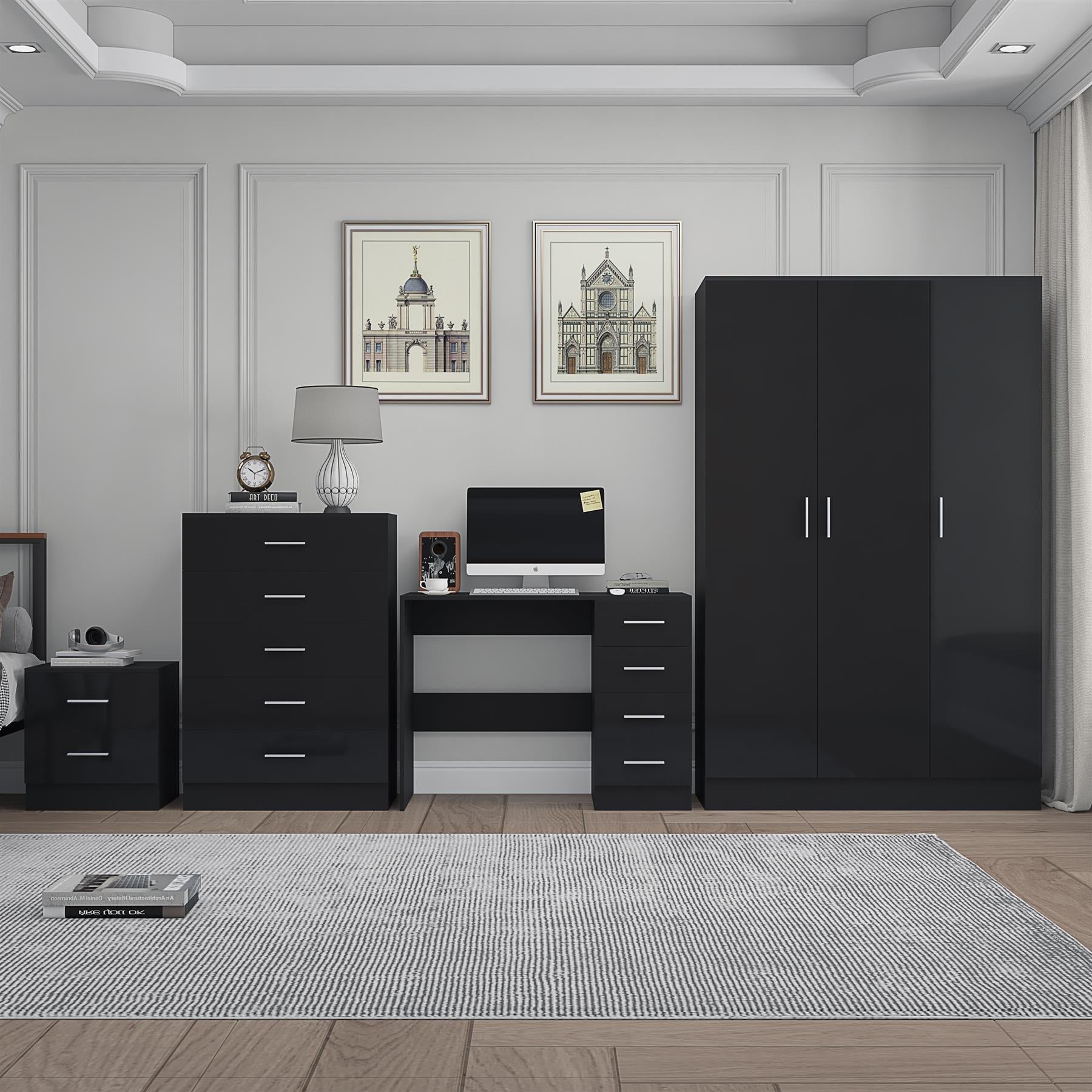 REFLECT Gloss 4pc Bedroom Set - 3 Door Wardrobe + Tall Chest + Bedside + Desk